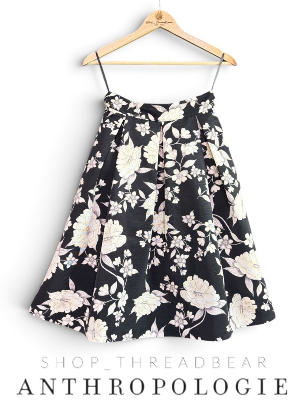Like New {Eliza J · Anthro} Full Black Ivory Floral A-Line Midi Skirt | 2 · XS
